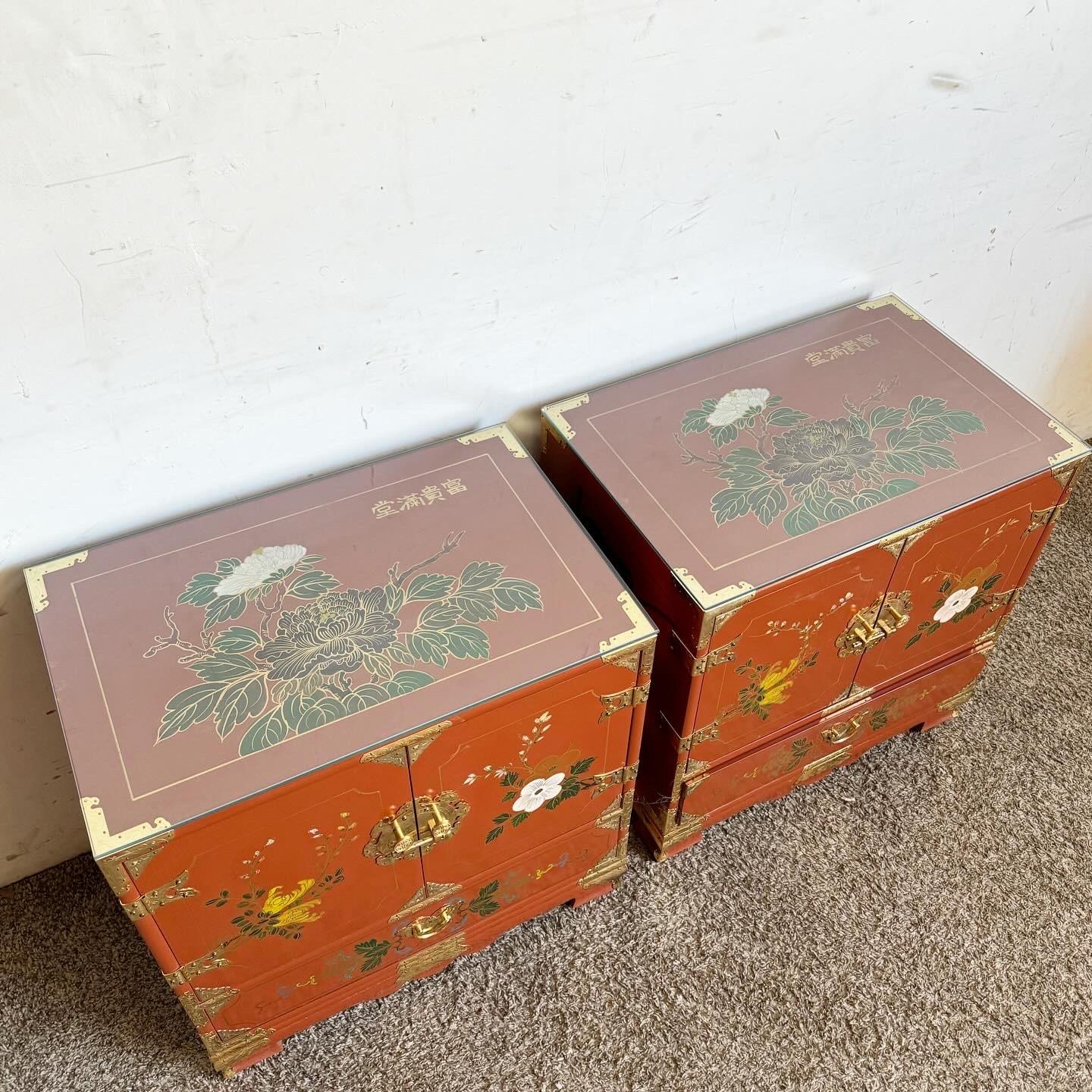 Hong Kong Chinese Red Lacquered and Hand Painted Glass Top Nightstands With Gold Accents