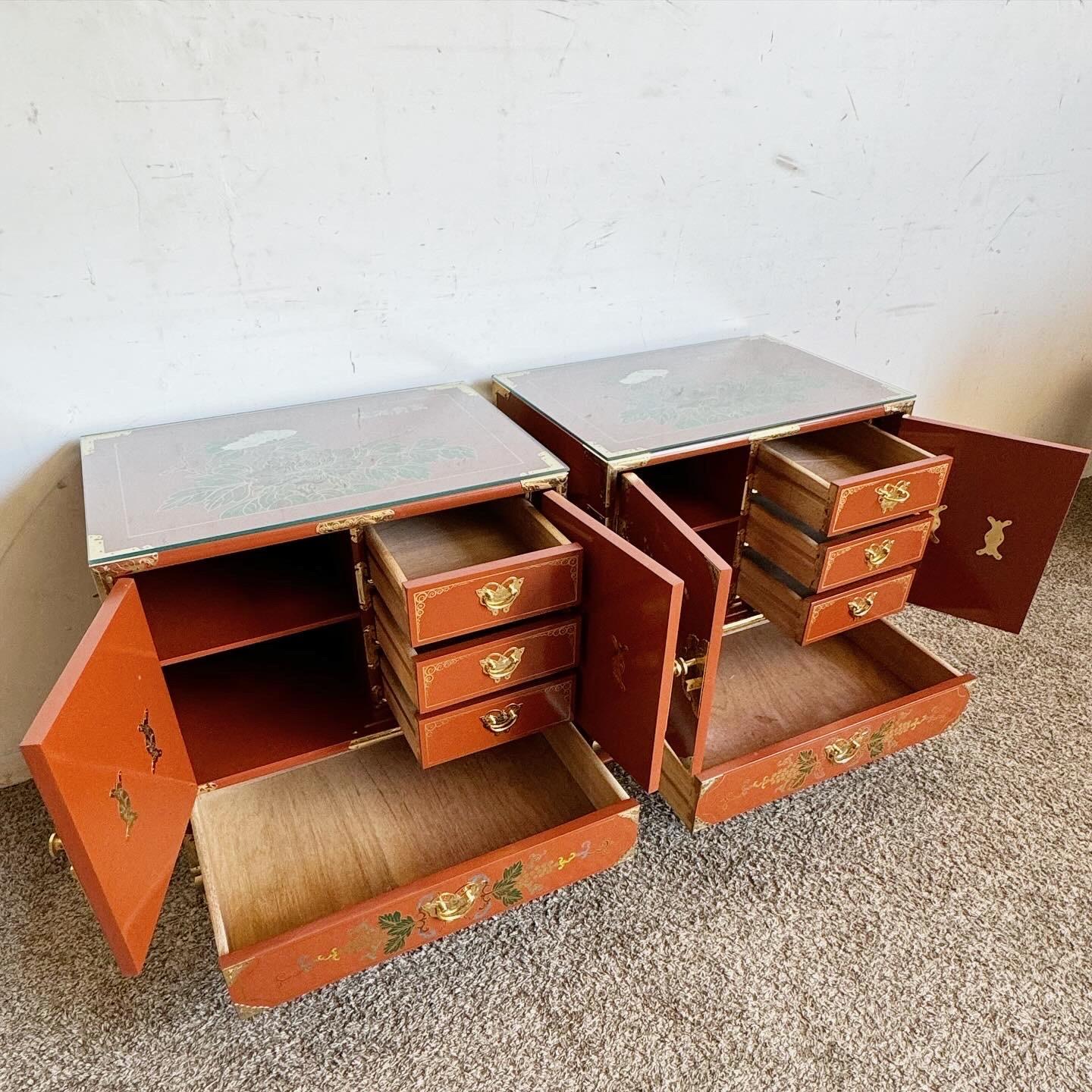 Chinese Red Lacquered and Hand Painted Glass Top Nightstands With Gold Accents In Good Condition In Delray Beach, FL