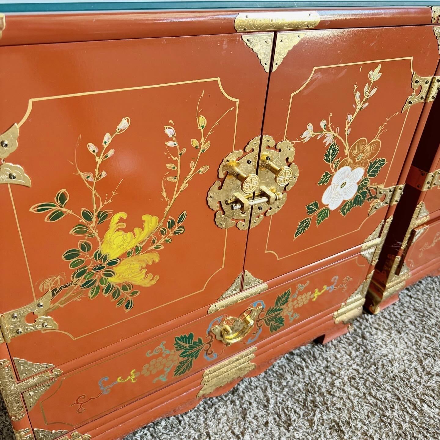 Late 20th Century Chinese Red Lacquered and Hand Painted Glass Top Nightstands With Gold Accents