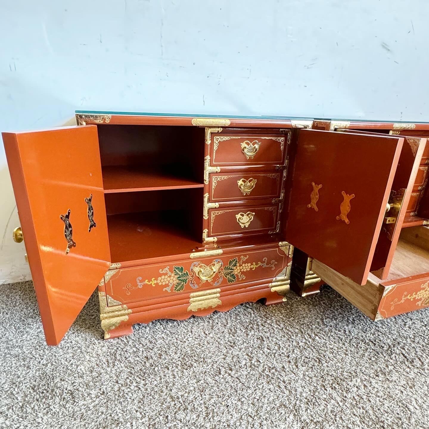 Wood Chinese Red Lacquered and Hand Painted Glass Top Nightstands With Gold Accents