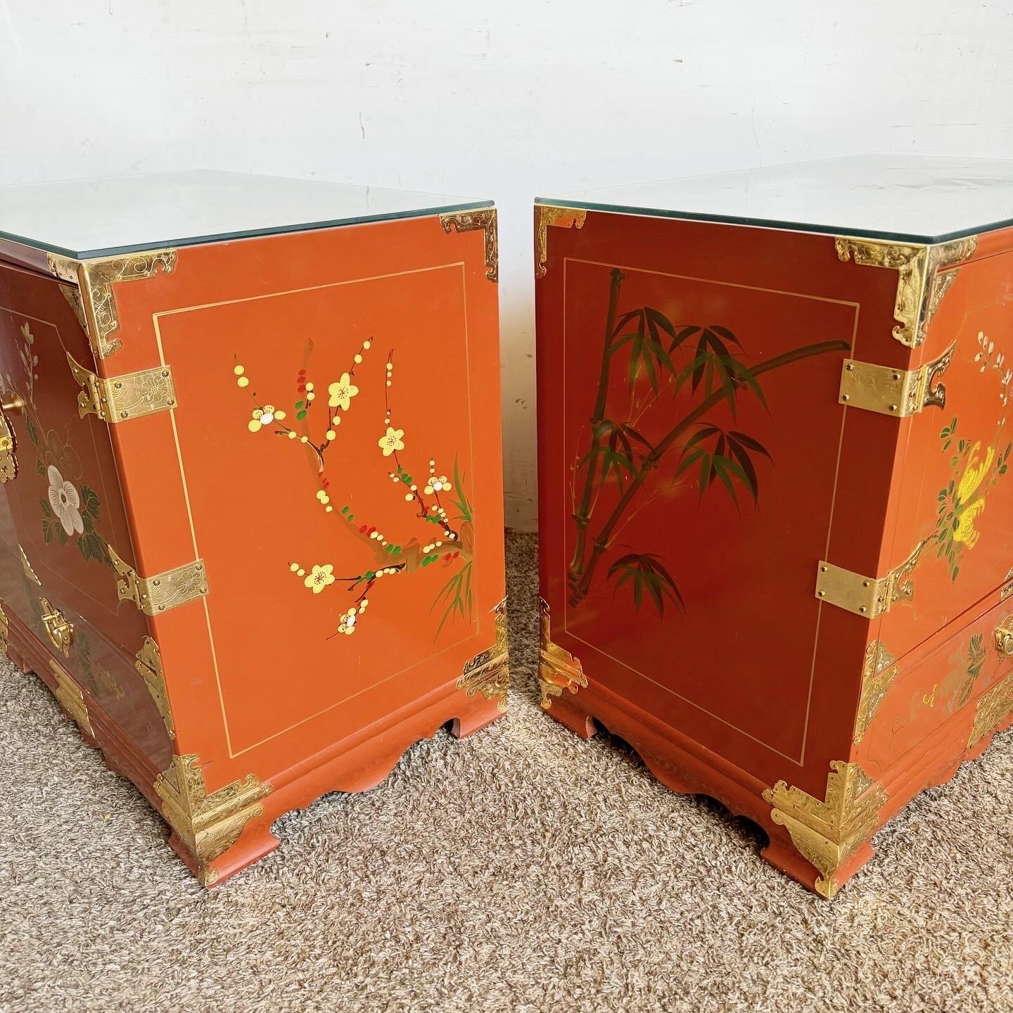 Chinese Red Lacquered and Hand Painted Glass Top Nightstands With Gold Accents 1