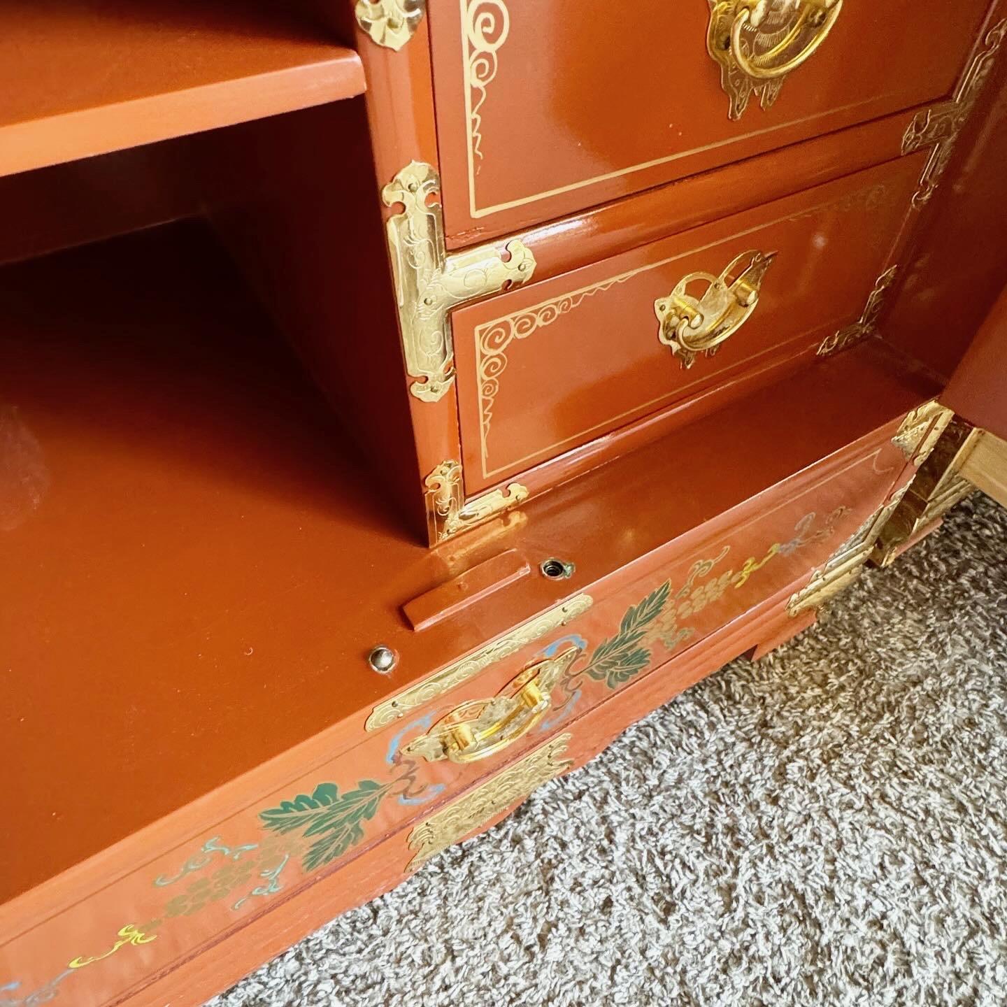 Chinese Red Lacquered and Hand Painted Glass Top Nightstands With Gold Accents 2