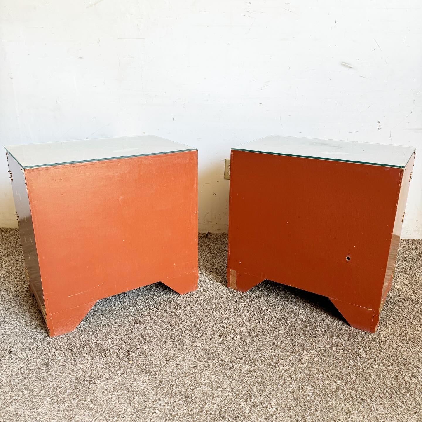 Chinese Red Lacquered and Hand Painted Glass Top Nightstands With Gold Accents 3