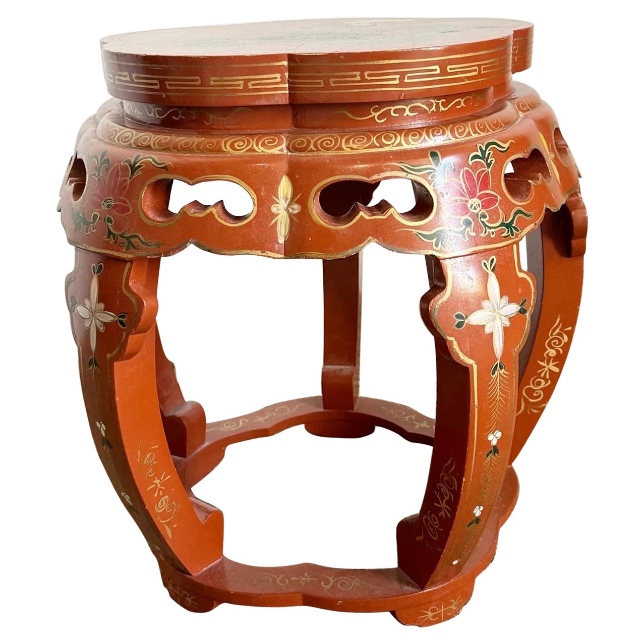 Chinese Red Lacquered and Hand Painted Stool