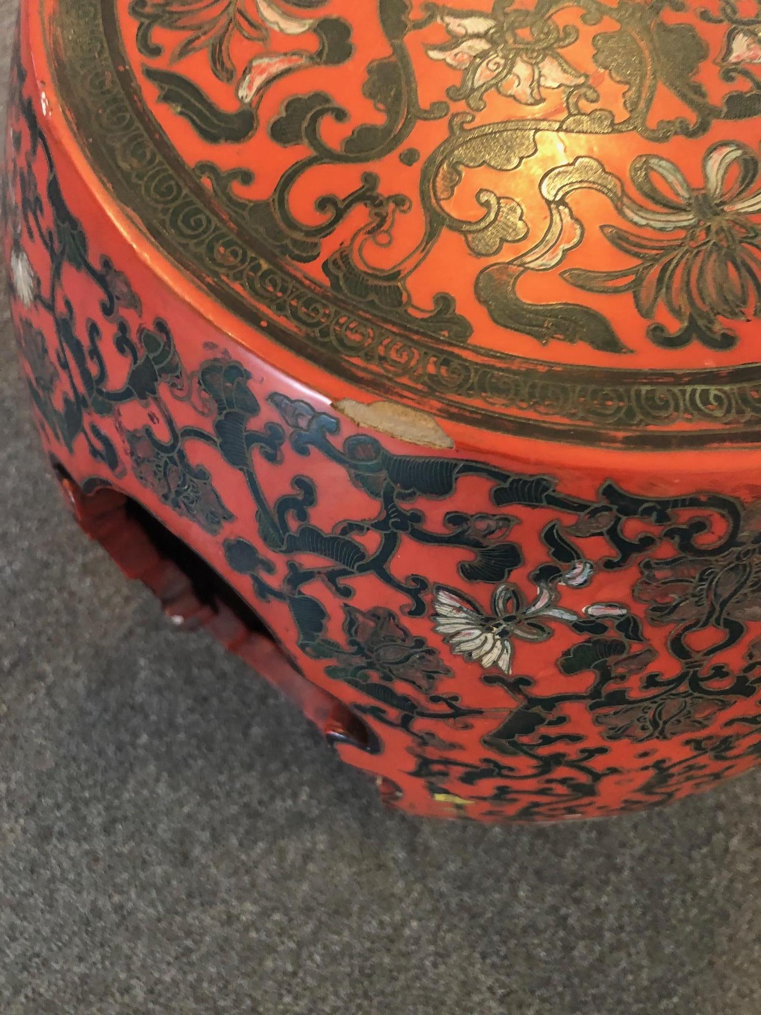 Chinese Red Lacquered Barrel Form Garden Stool 4
