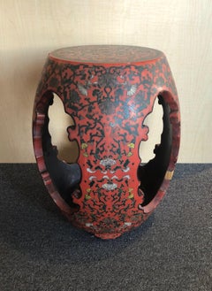 Chinese Red Lacquered Barrel Form Garden Stool