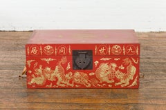 Red Lacquer Wedding Chest with Gilt Foo Dogs and Calligraphy Motifs