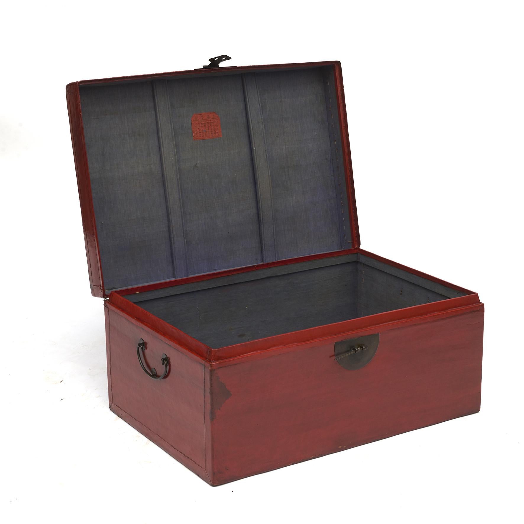 Asian Chinese Red Lacquered Blanket Chest with Iron Hardware