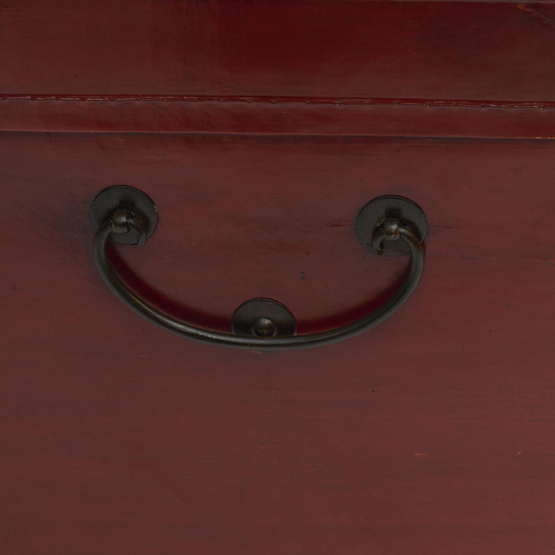 Metal Chinese Red Lacquered Blanket Chest with Iron Hardware