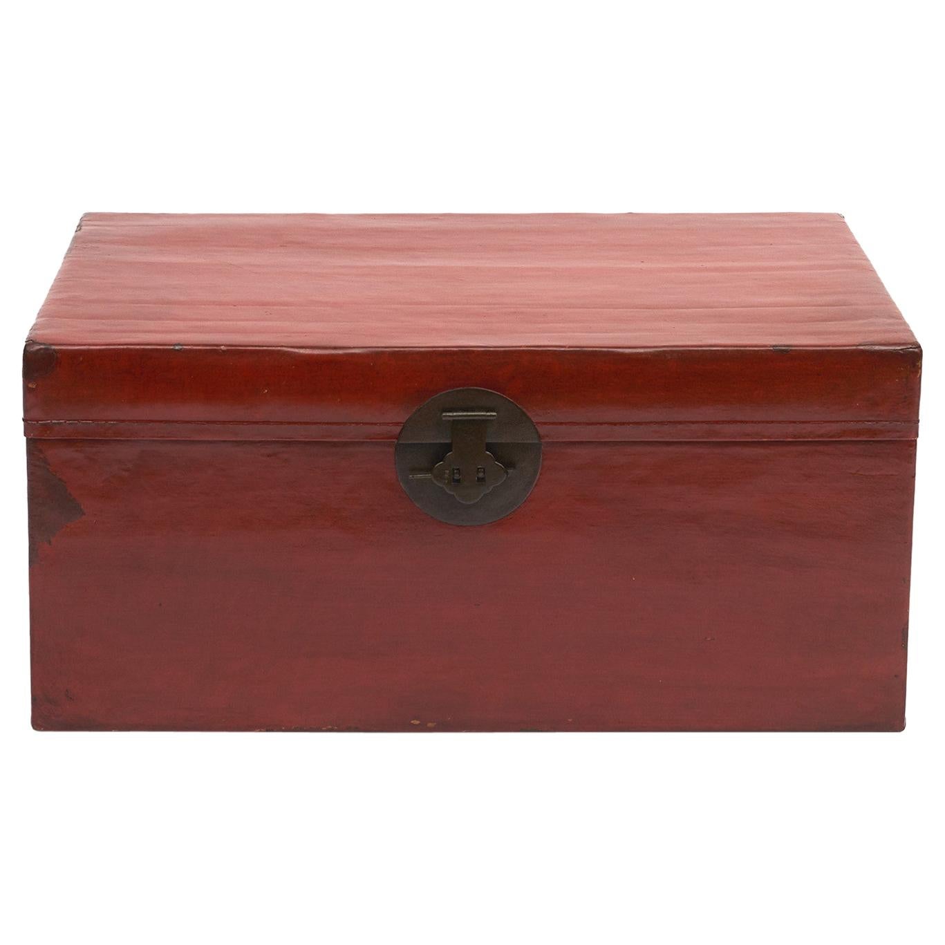 Chinese Red Lacquered Blanket Chest with Iron Hardware
