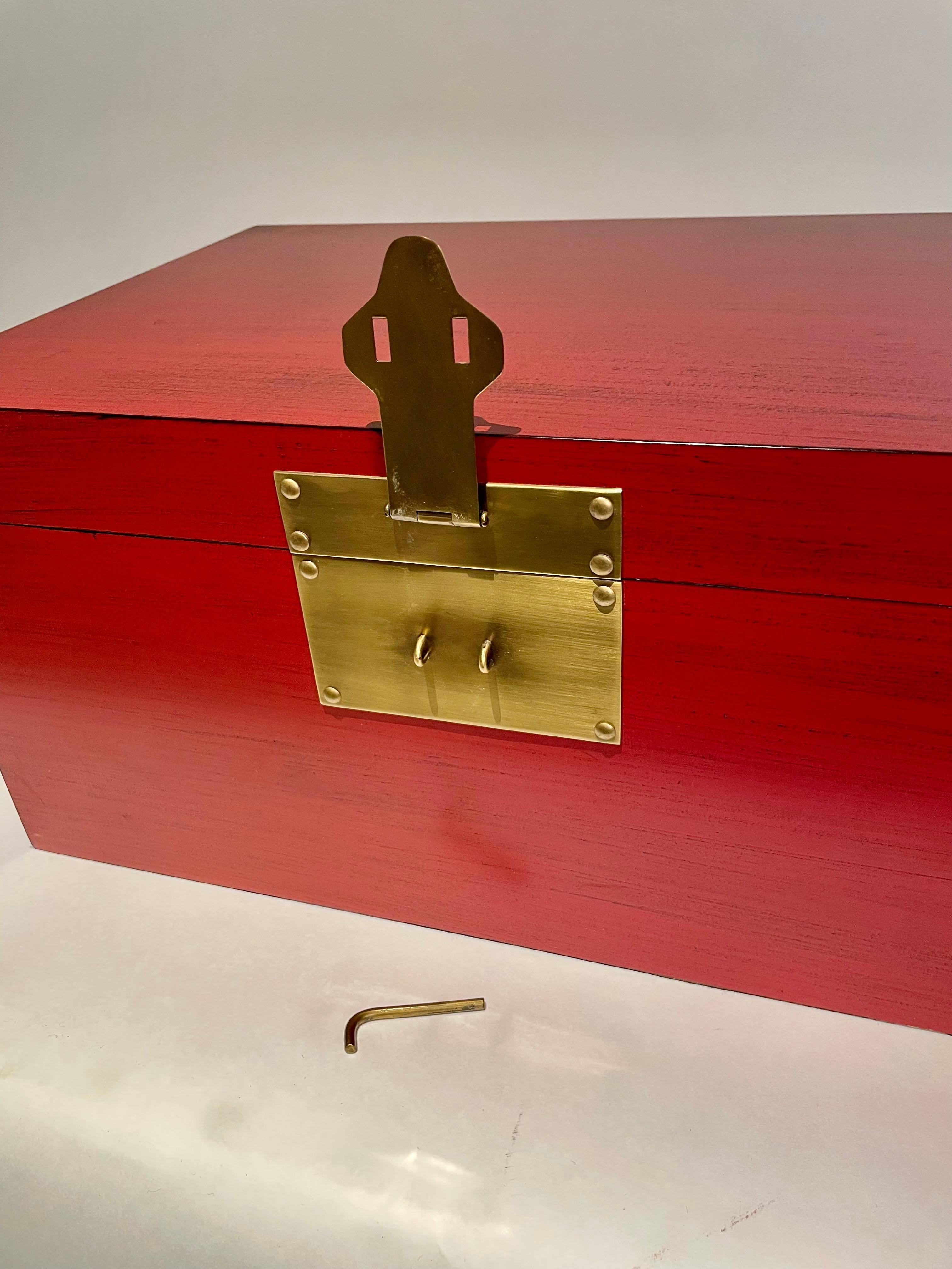 Chinese Red Lacquered Box With Brass Mounts, Mid 20th Century For Sale 9