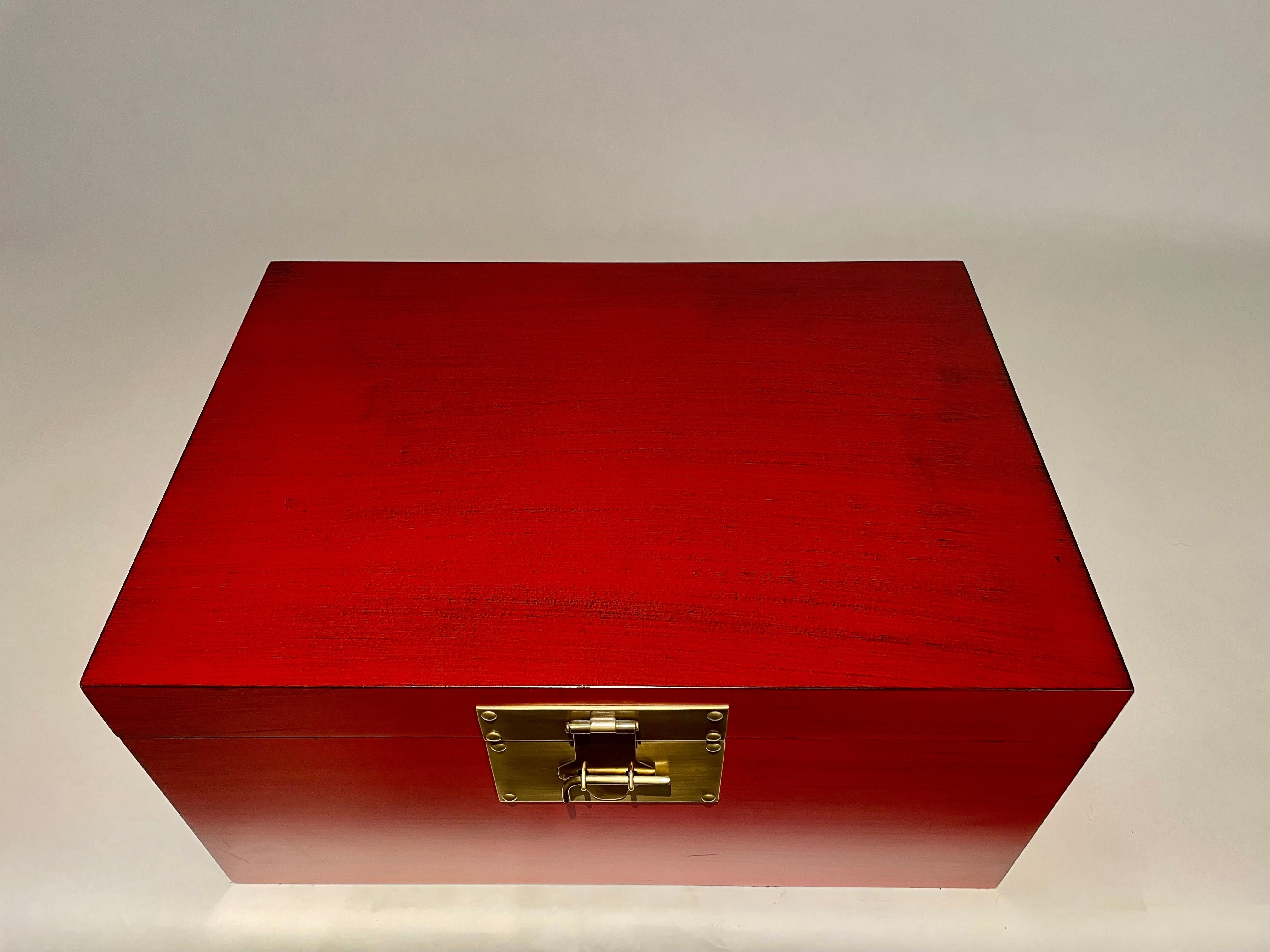 Chinese Red Lacquered Box With Brass Mounts, Mid 20th Century For Sale 16