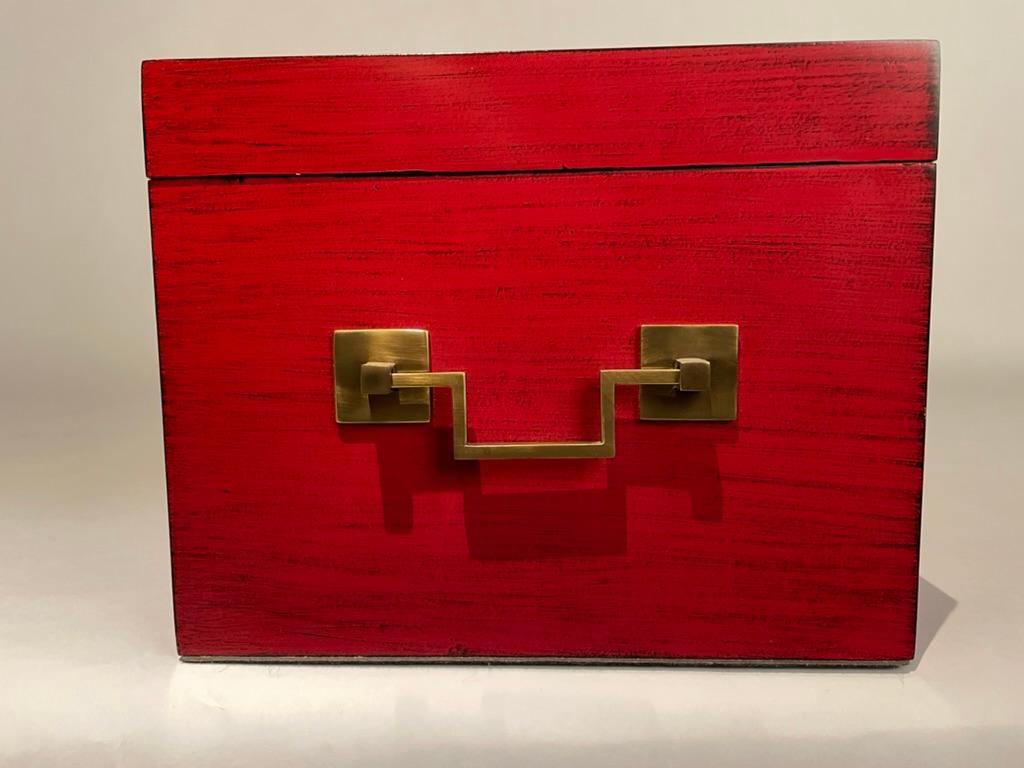 Chinese Red Lacquered Box With Brass Mounts, Mid 20th Century In Good Condition For Sale In Stamford, CT