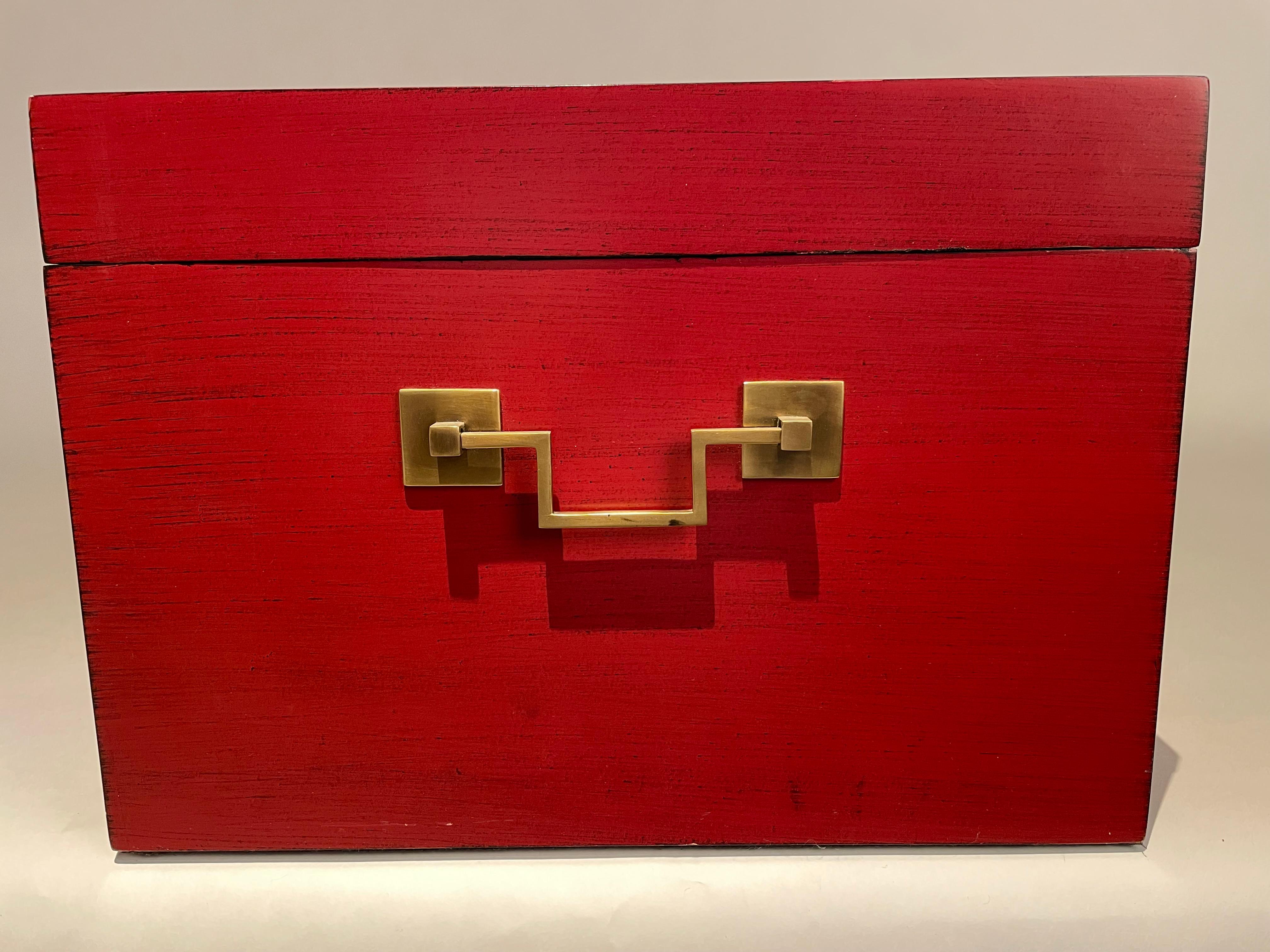 Chinese Red Lacquered Box With Brass Mounts, Mid 20th Century For Sale 4
