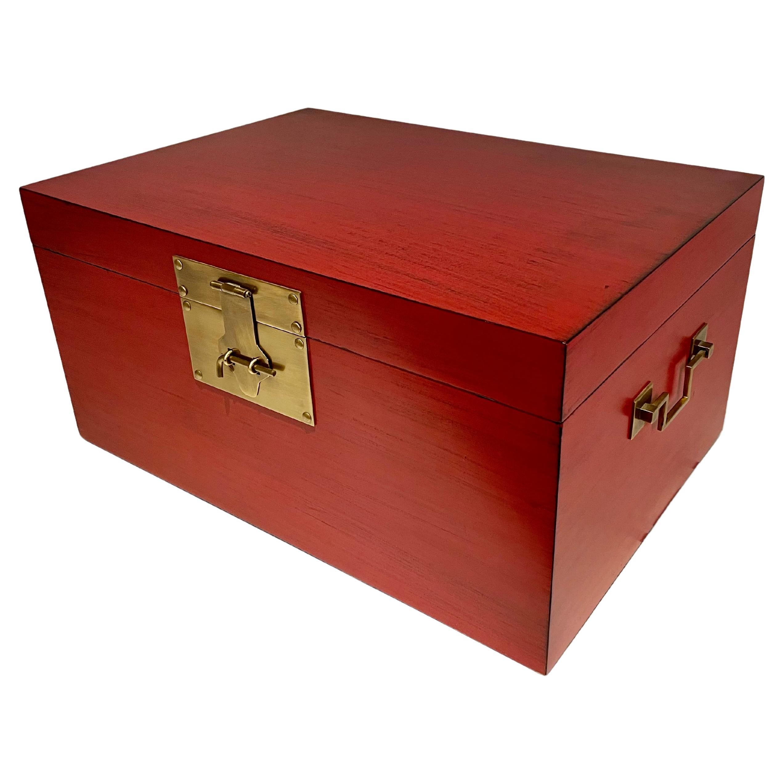 Chinese Red Lacquered Box With Brass Mounts, Mid 20th Century