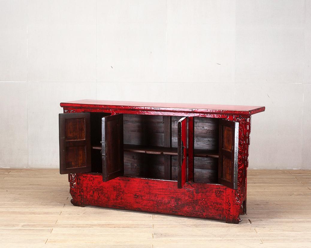 Chinese Red-Lacquered Cabinet with Four Doors and Restoration In Good Condition In Chicago, IL