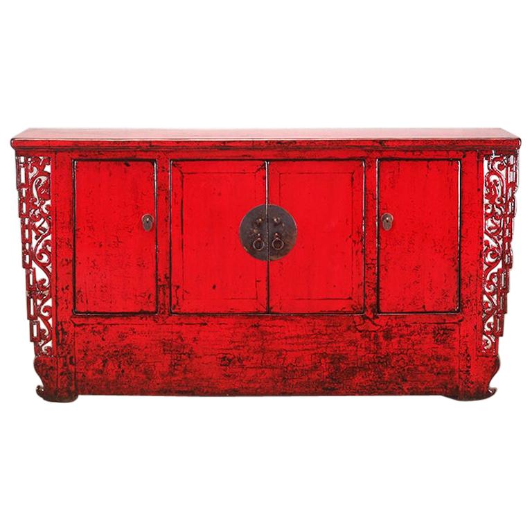Chinese Red-Lacquered Cabinet with Four Doors and Restoration