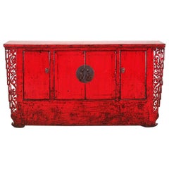 Antique Chinese Red-Lacquered Cabinet with Four Doors and Restoration