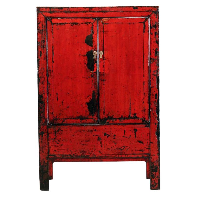 Chinese Red-Lacquered Cabinet with Two Doors and Restoration