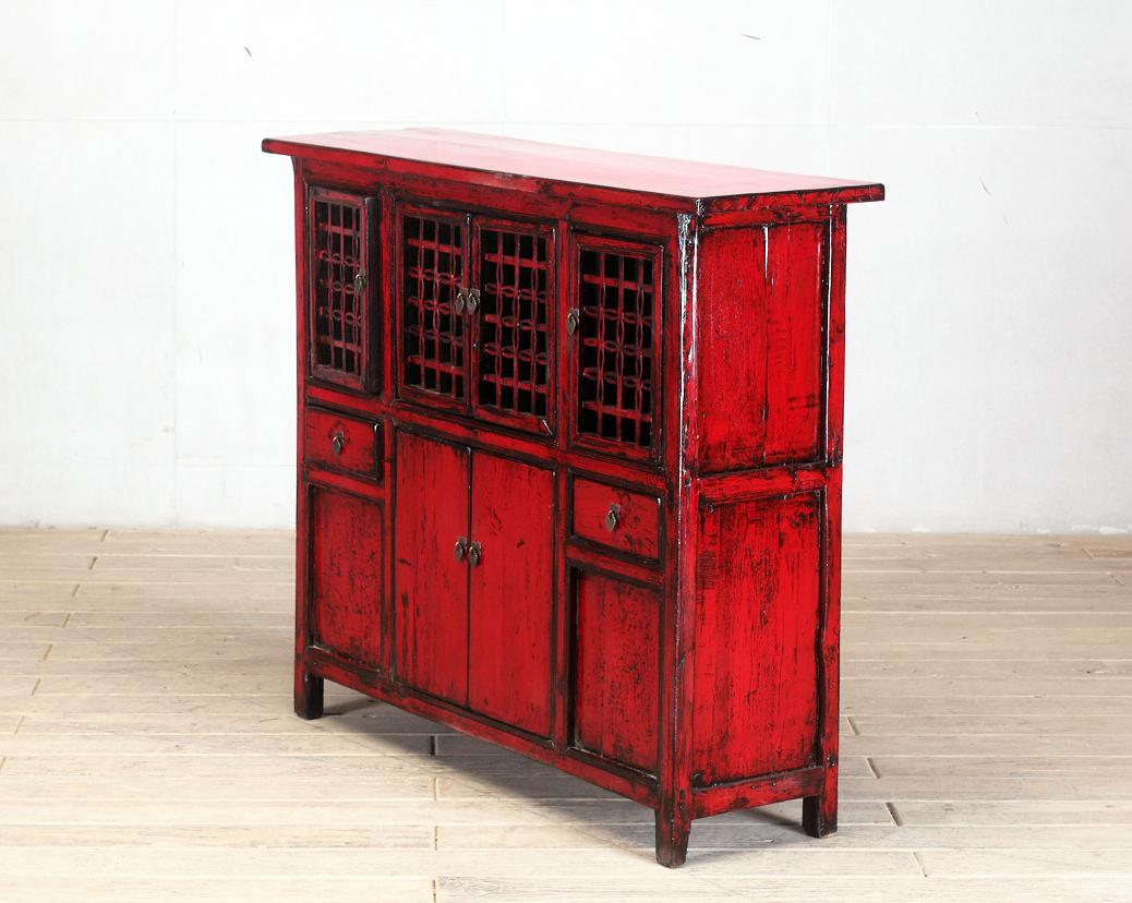 19th Century Chinese Red-Lacquered Cabinet with Two Drawers and Restoration