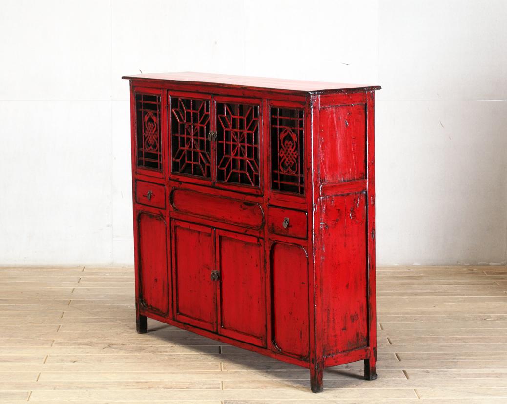 19th Century Chinese Red-Lacquered Cabinet with Two Drawers and Restoration