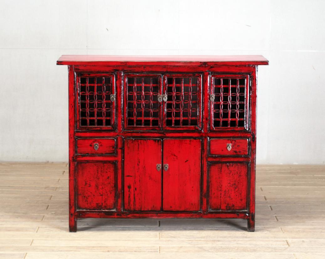 Pine Chinese Red-Lacquered Cabinet with Two Drawers and Restoration