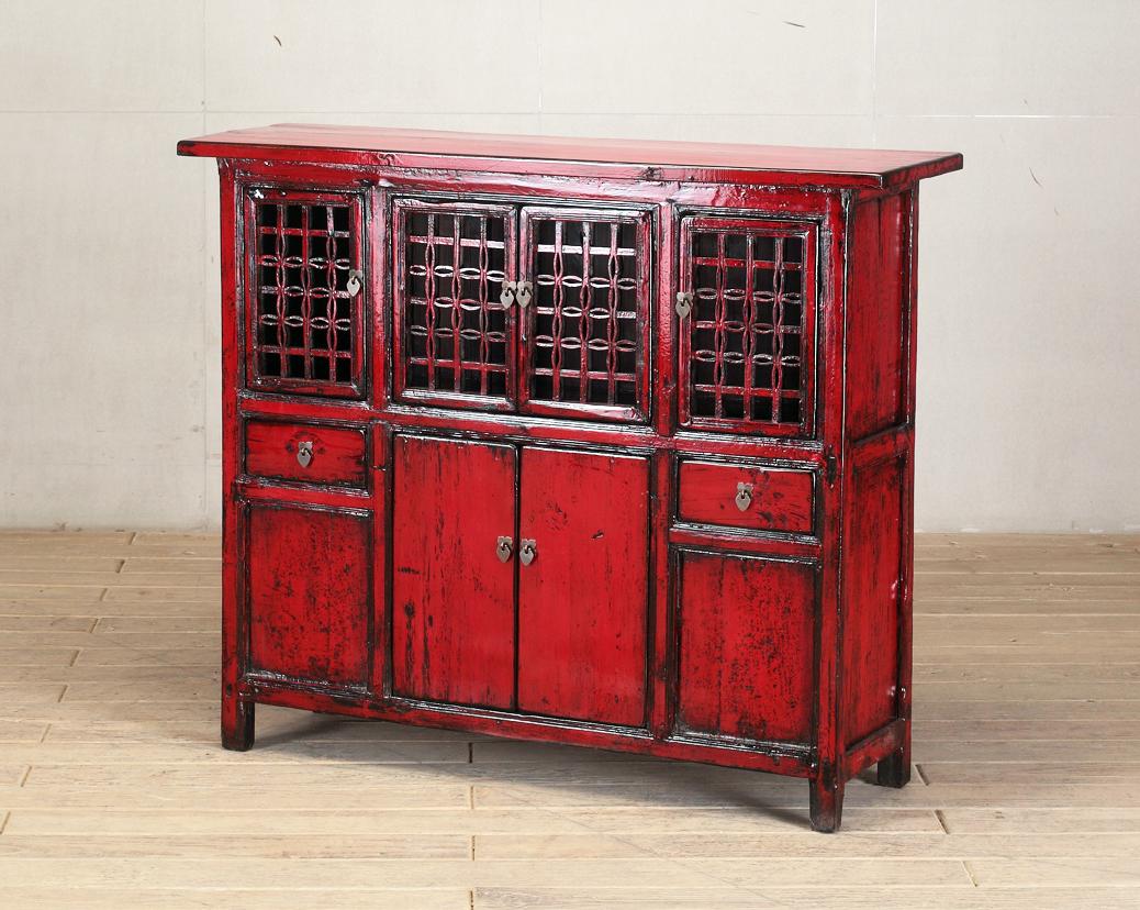Chinese Red-Lacquered Cabinet with Two Drawers and Restoration 1