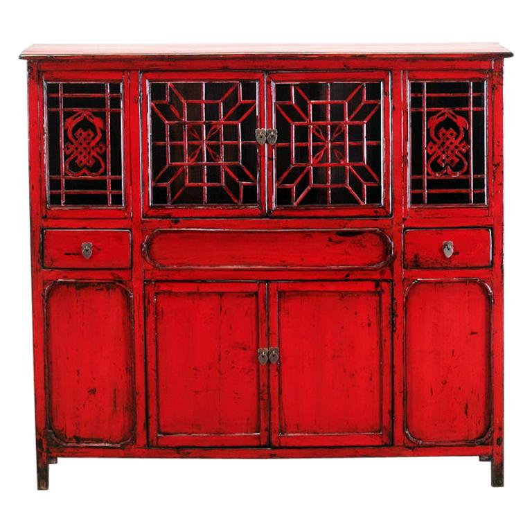 Chinese Red-Lacquered Cabinet with Two Drawers and Restoration