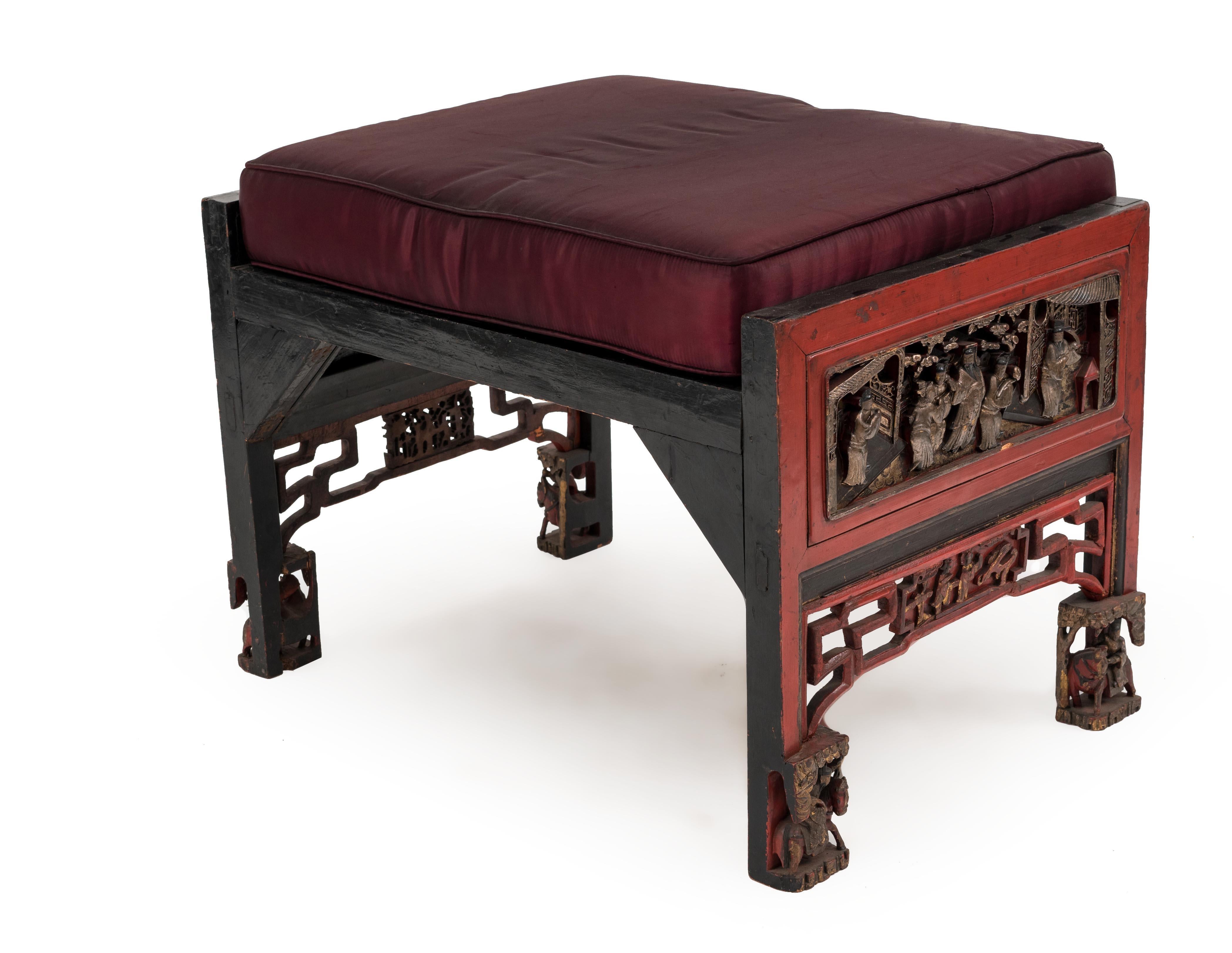 19th Century Chinese Red Lacquered Chinoiserie Carved Bench