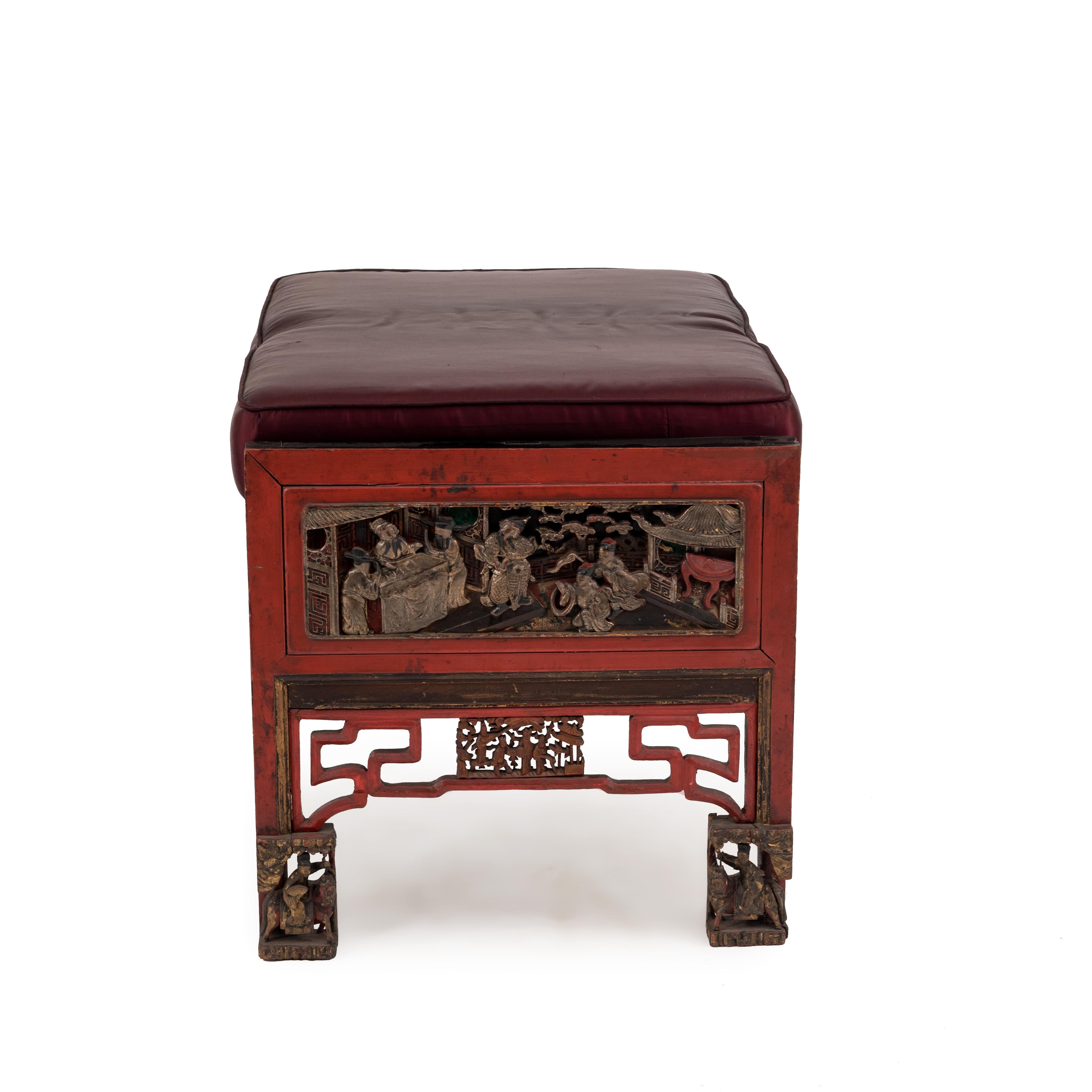Wood Chinese Red Lacquered Chinoiserie Carved Bench