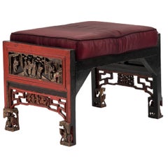 Chinese Red Lacquered Chinoiserie Carved Bench