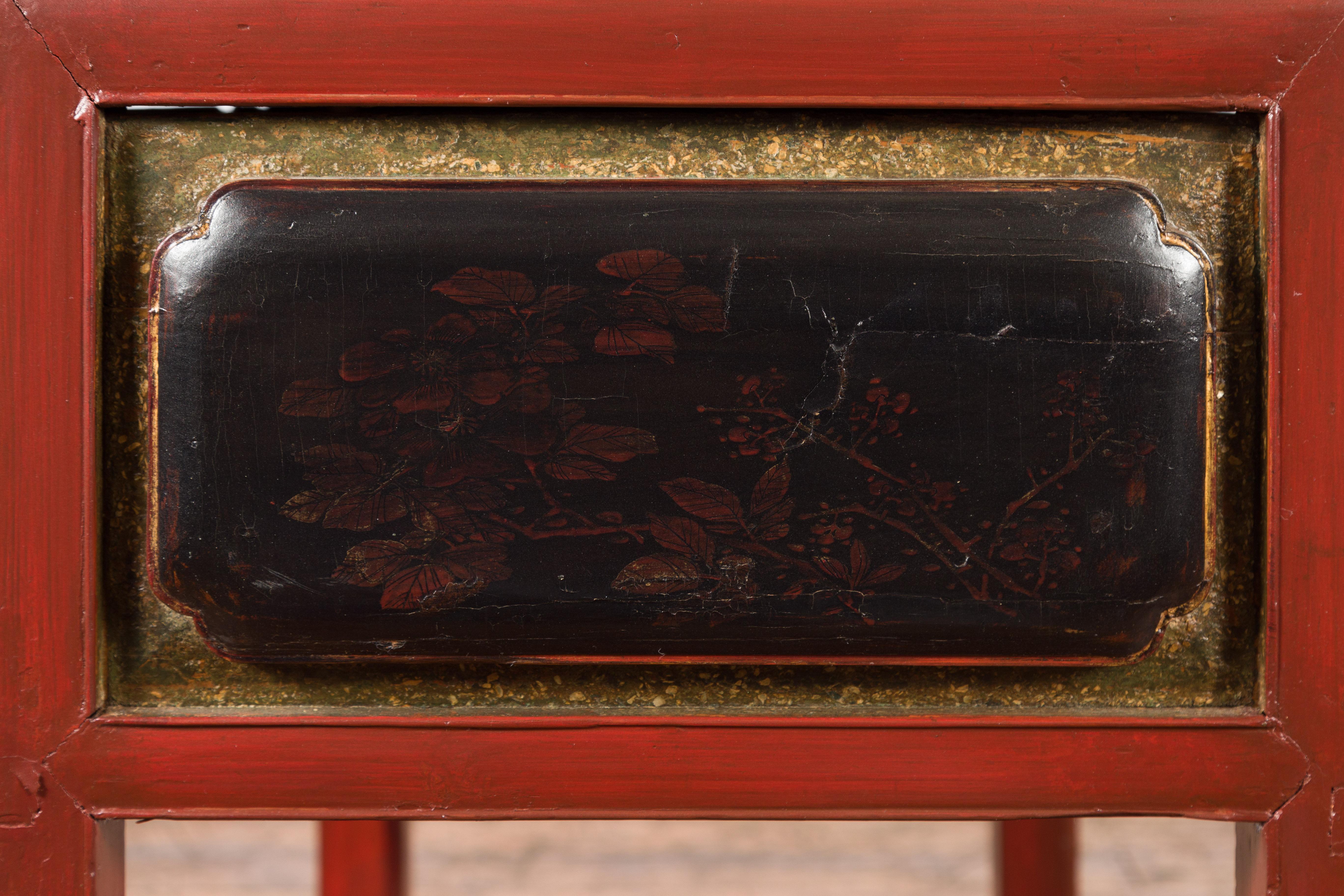 Chinese Red Lacquered Console Table with Hand Carved Drawers and Geometric Shelf For Sale 12