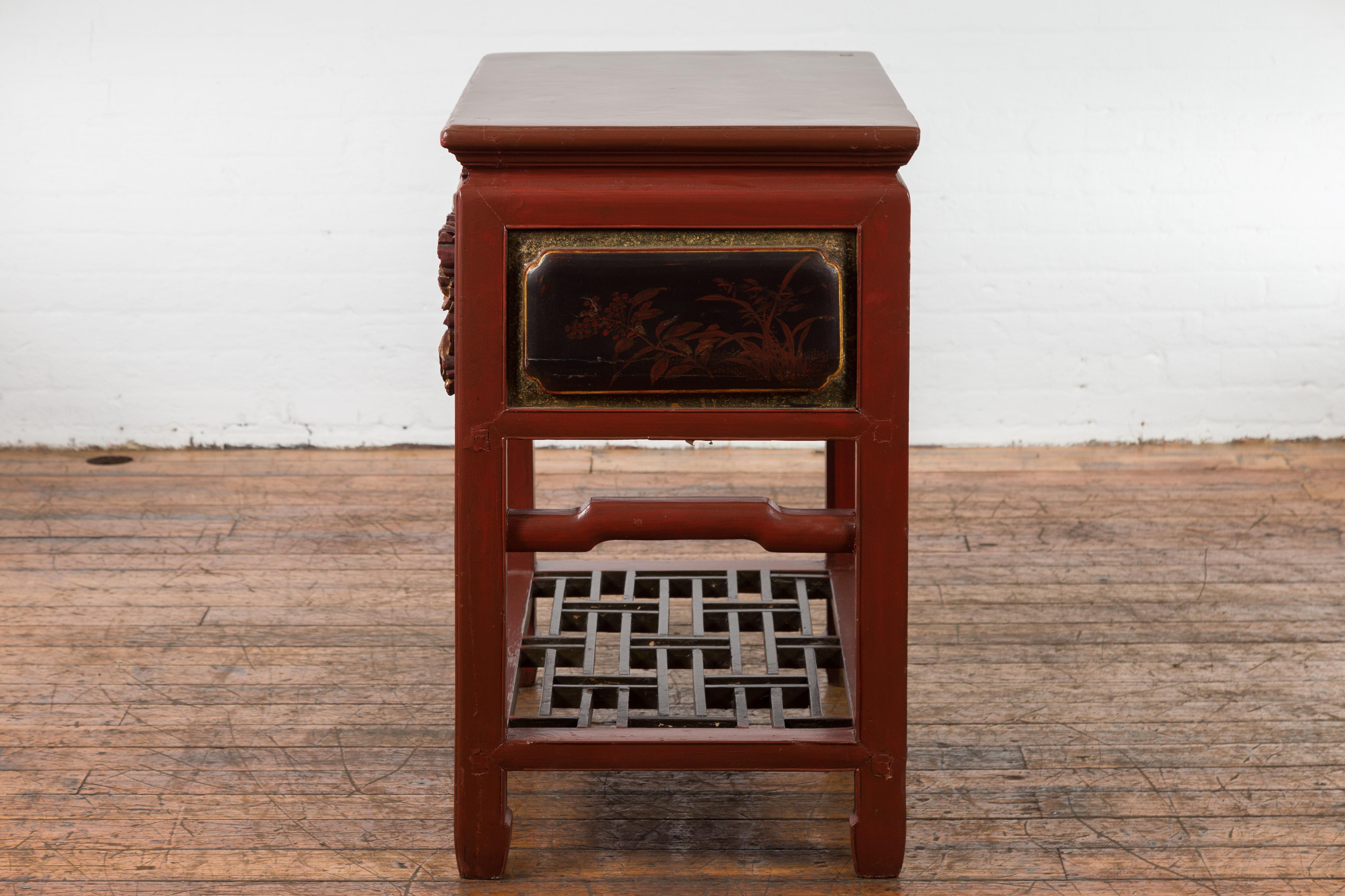 Chinese Red Lacquered Console Table with Hand Carved Drawers and Geometric Shelf For Sale 14