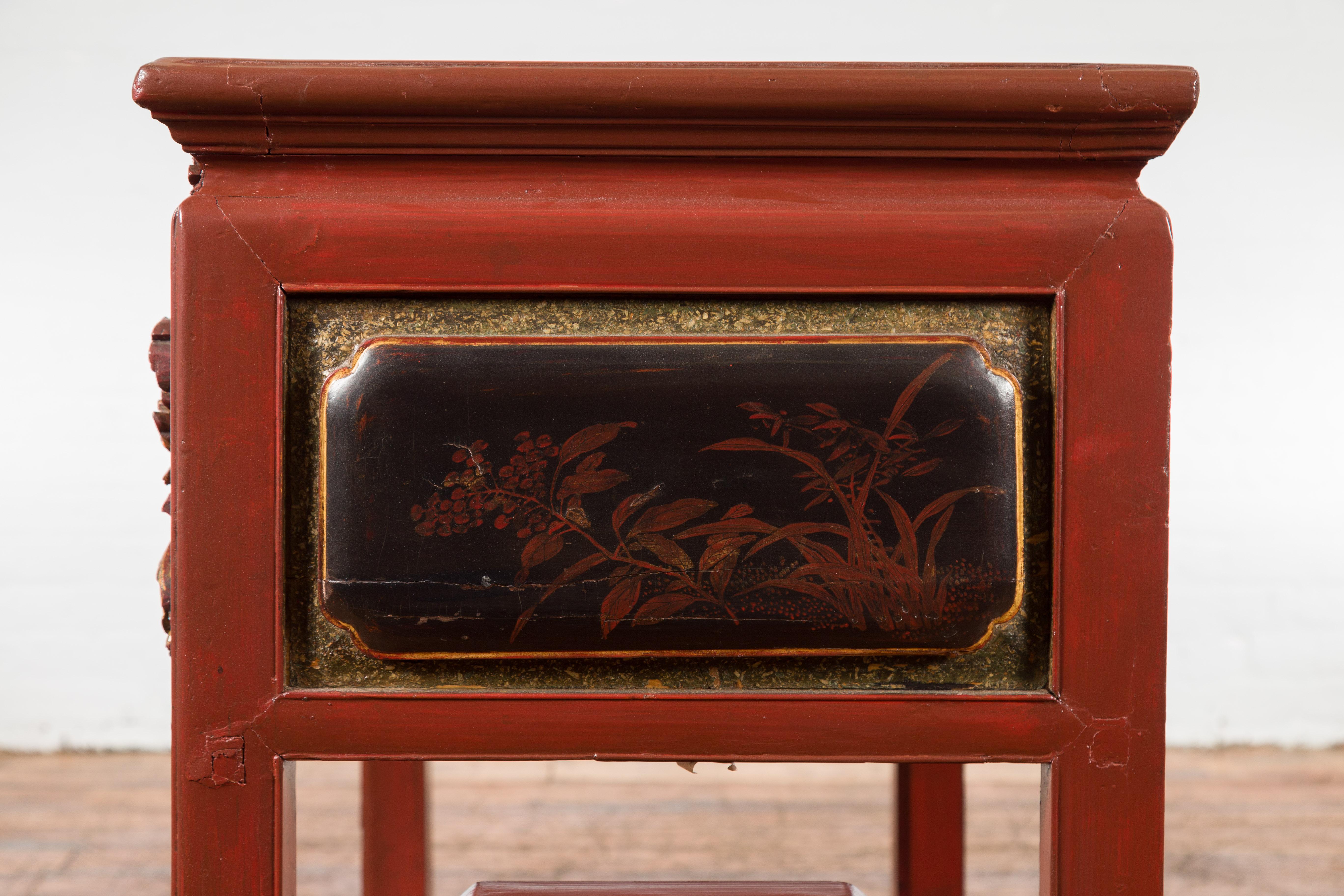 Chinese Red Lacquered Console Table with Hand Carved Drawers and Geometric Shelf For Sale 15
