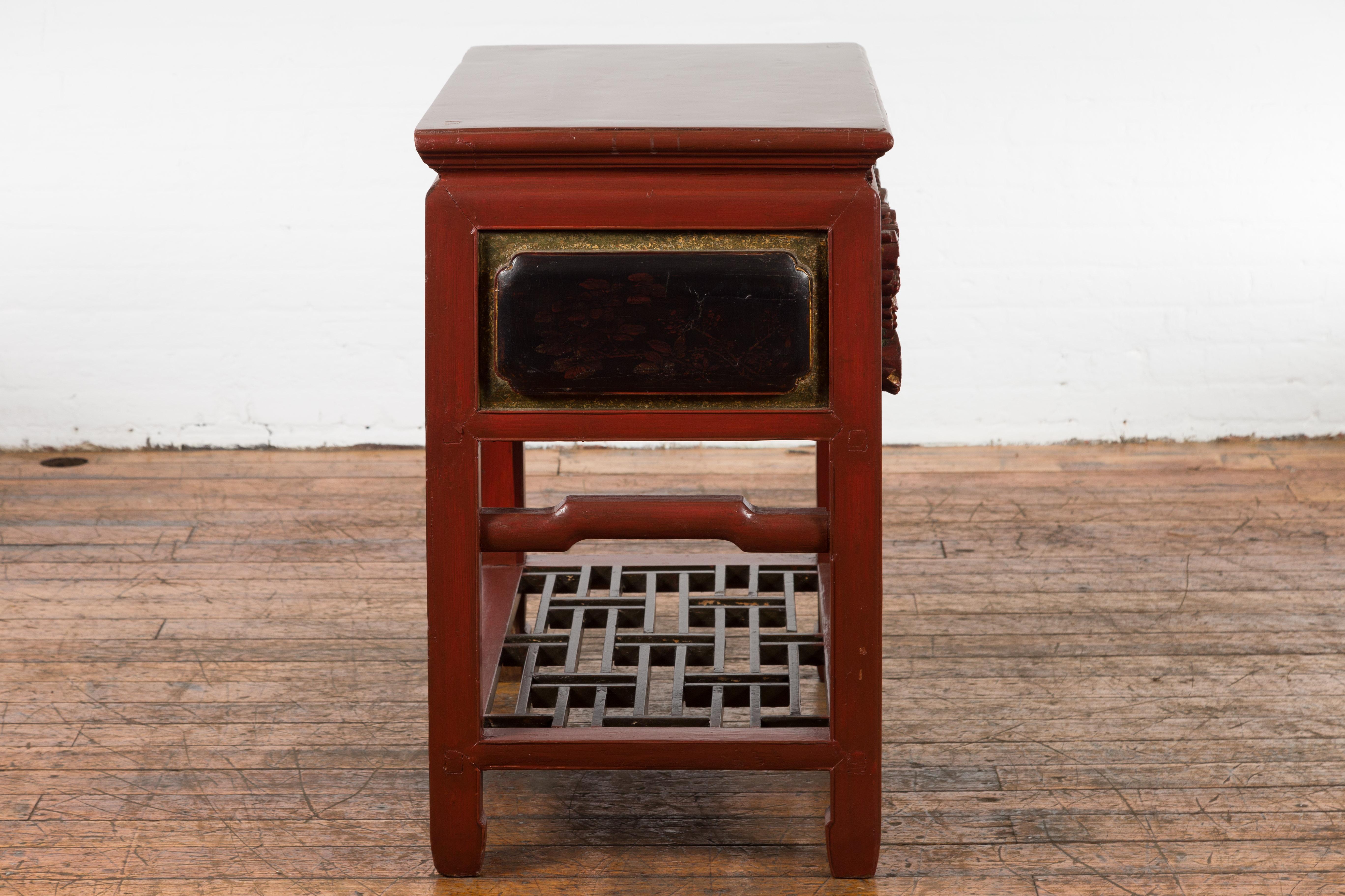 Wood Chinese Red Lacquered Console Table with Hand Carved Drawers and Geometric Shelf For Sale
