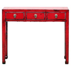 Table console chinoise en laque rouge avec trois tiroirs et restauration