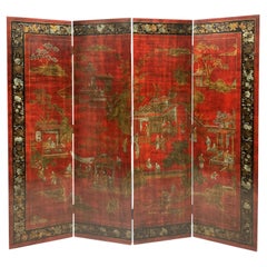 Retro Chinese Red Lacquered Four Fold Decorative Screen