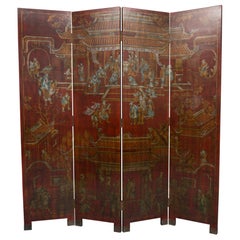 Chinese Red Lacquered Four Panel Folding Screen