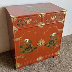 Chinese Red Lacquered Hand Painted Cabinet With Gold Accents