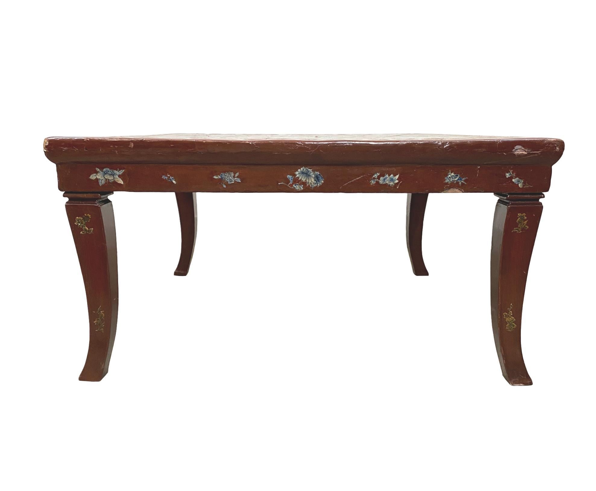 Qing Chinese Red Lacquered Kang Table with Blue and White Porcelain Inlays