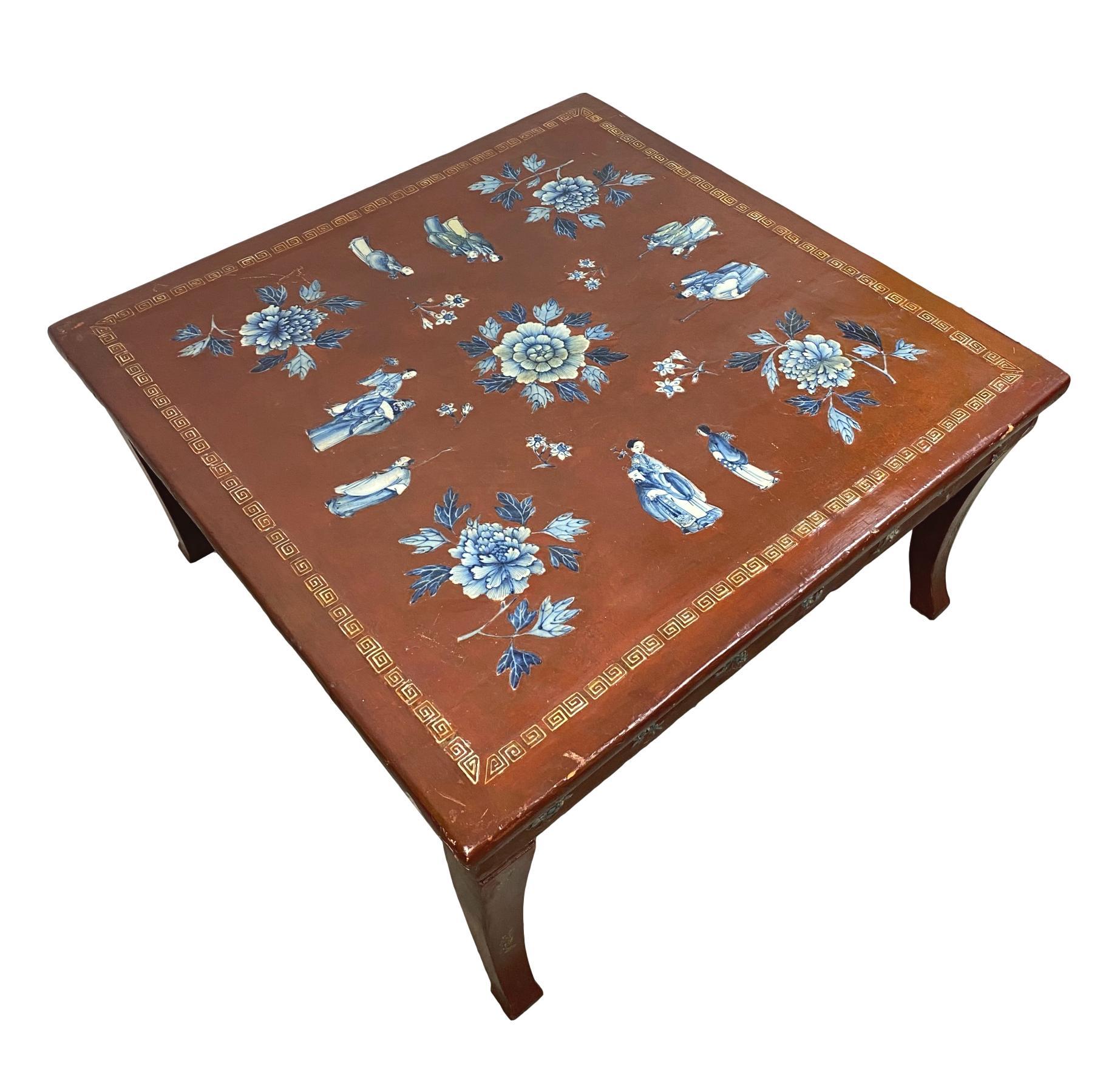 Chinese Red Lacquered Kang Table with Blue and White Porcelain Inlays In Good Condition In Banner Elk, NC
