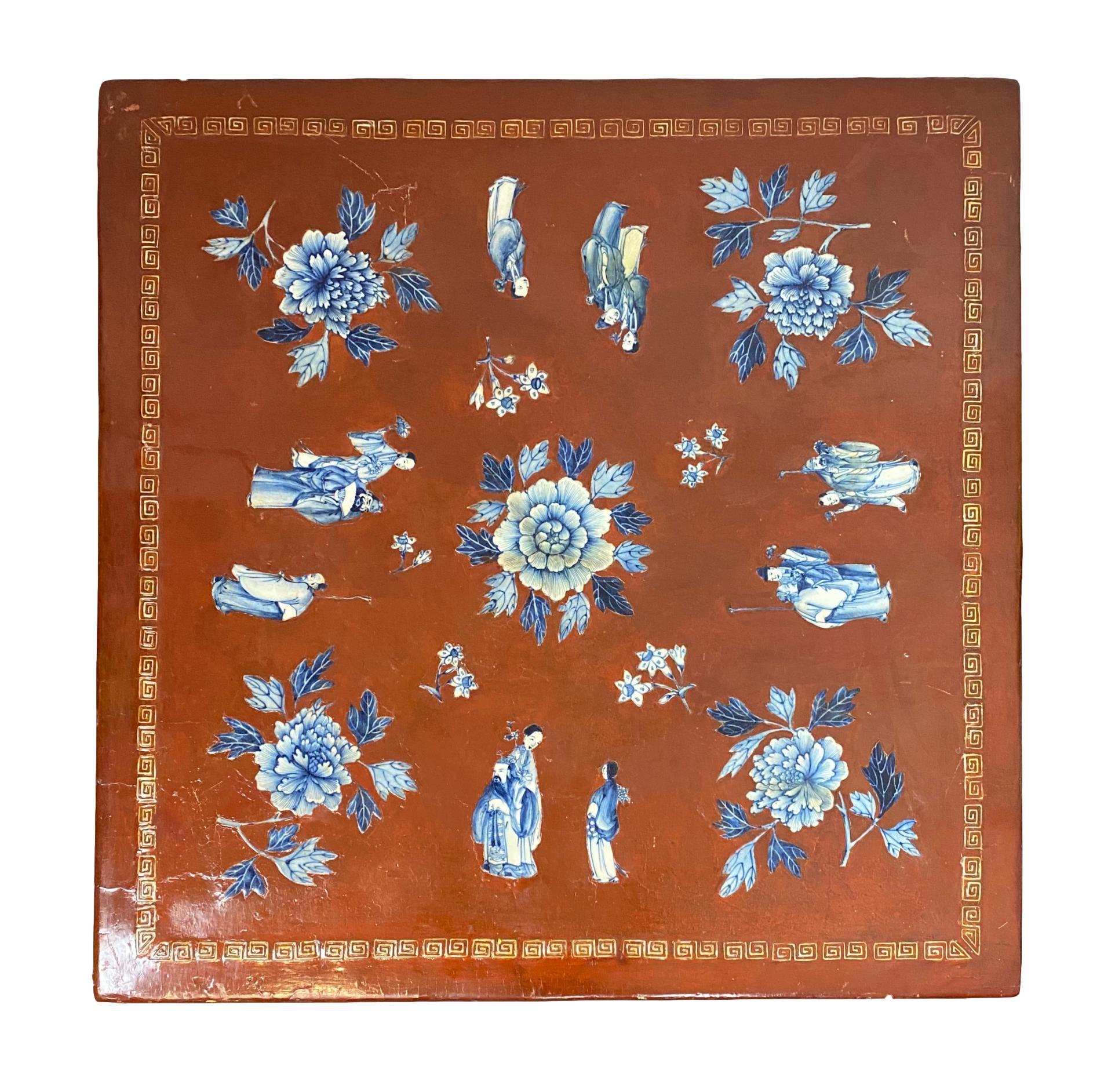 Early 20th Century Chinese Red Lacquered Kang Table with Blue and White Porcelain Inlays