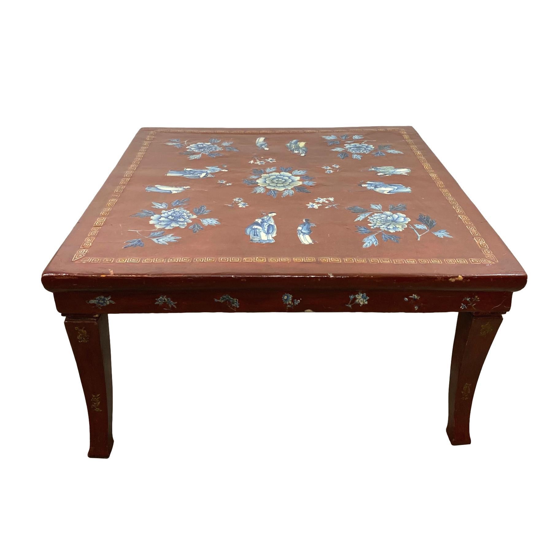 Elm Chinese Red Lacquered Kang Table with Blue and White Porcelain Inlays