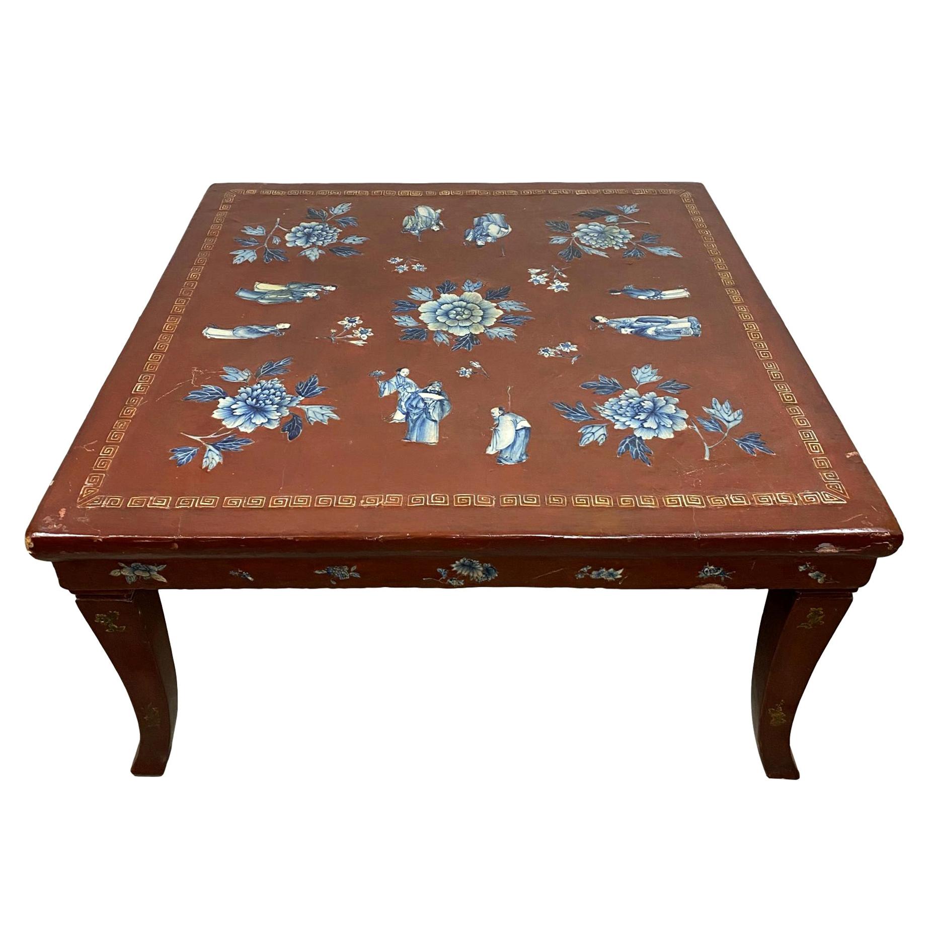 Chinese Red Lacquered Kang Table with Blue and White Porcelain Inlays