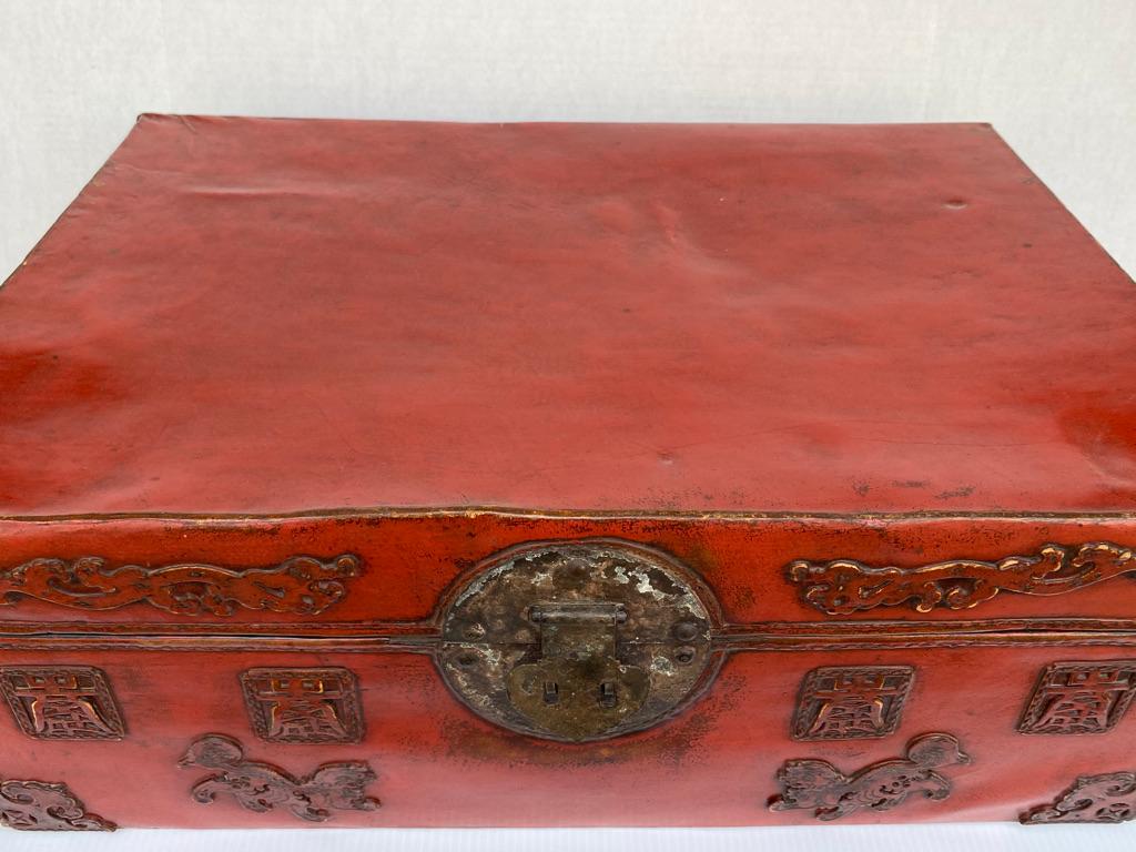 Hand-Crafted Chinese Red Lacquered Leather Trunk