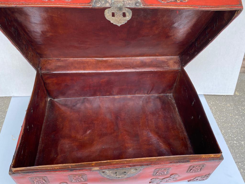 Mid-19th Century Chinese Red Lacquered Leather Trunk