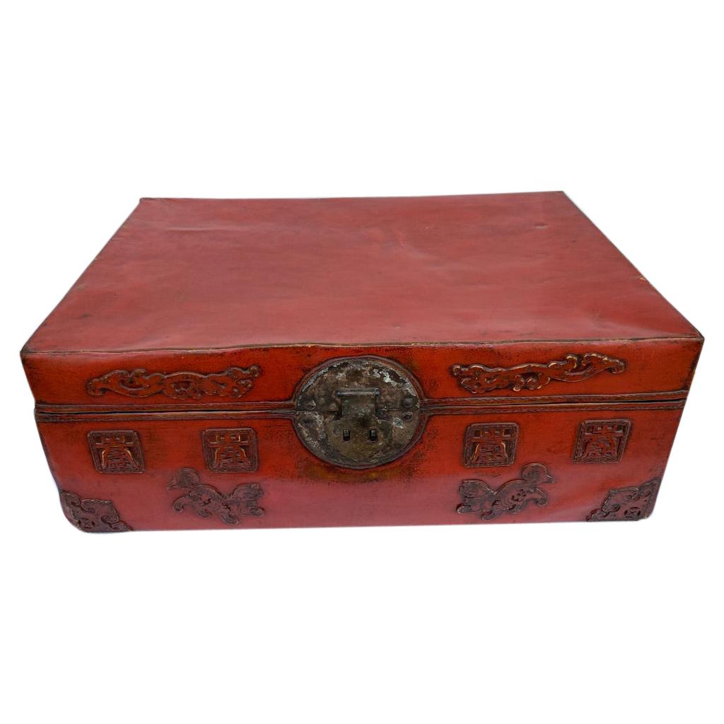 Chinese Red Lacquered Leather Trunk