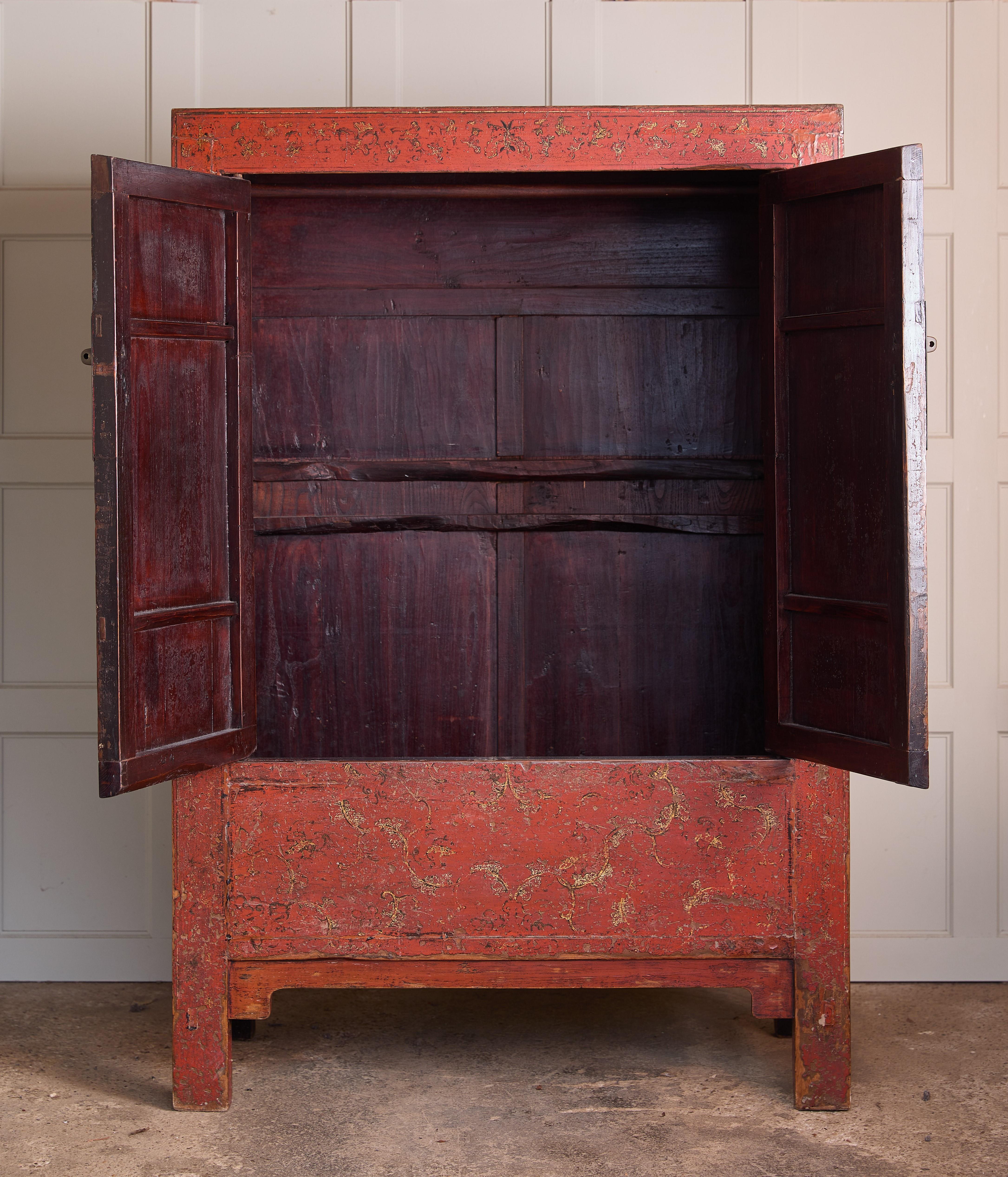 19th Century Chinese Red Lacquered Marriage Cabinet