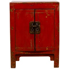 Chinese Red Lacquered Qing Dynasty Style Bedside Cabinet with Distressed Finish