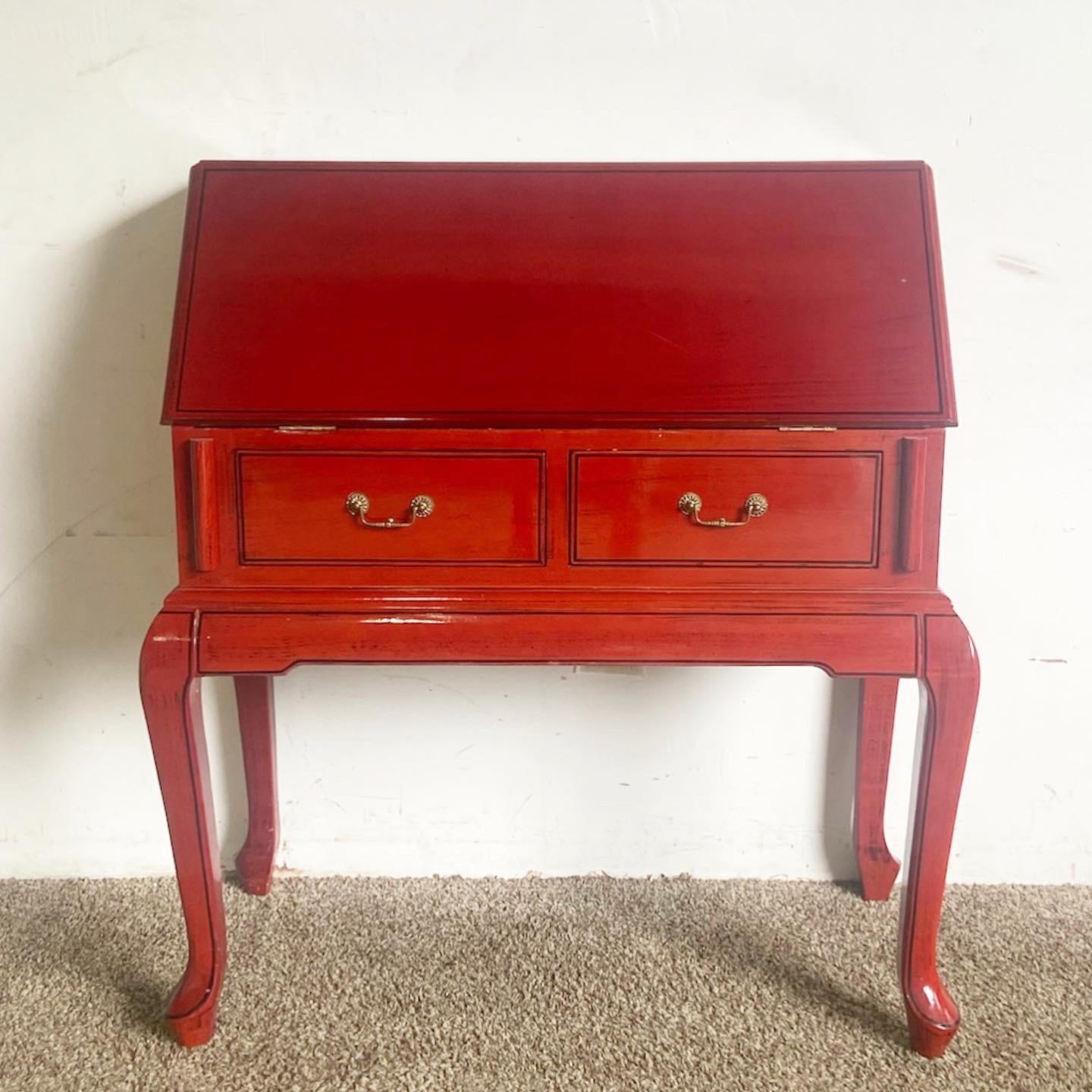 Chinoiserie Chinese Red Lacquered Secretary Desk For Sale